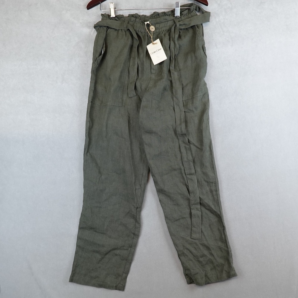 NWT Grae Cove Pants Womens Size Medium Green Linen Knit Belted Boho